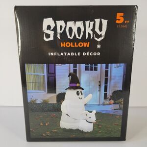 Halloween Outdoor Yard Inflatable 5ft Ghost Waving Walking Dog Spooky Witch Hat